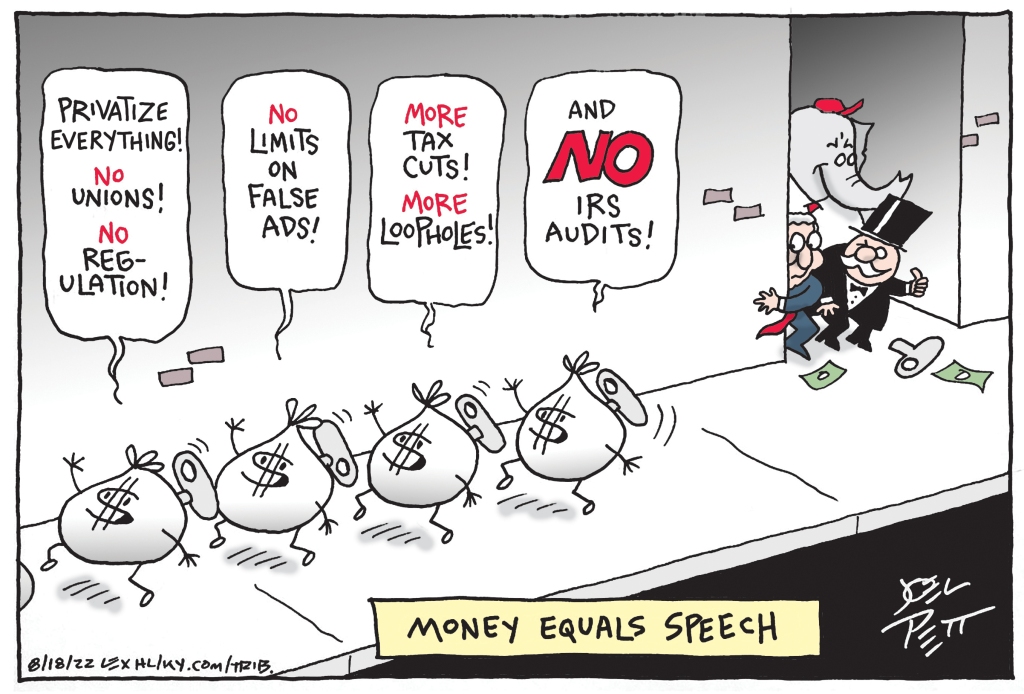 Joel Pett cartoon "Money Equals Speech"