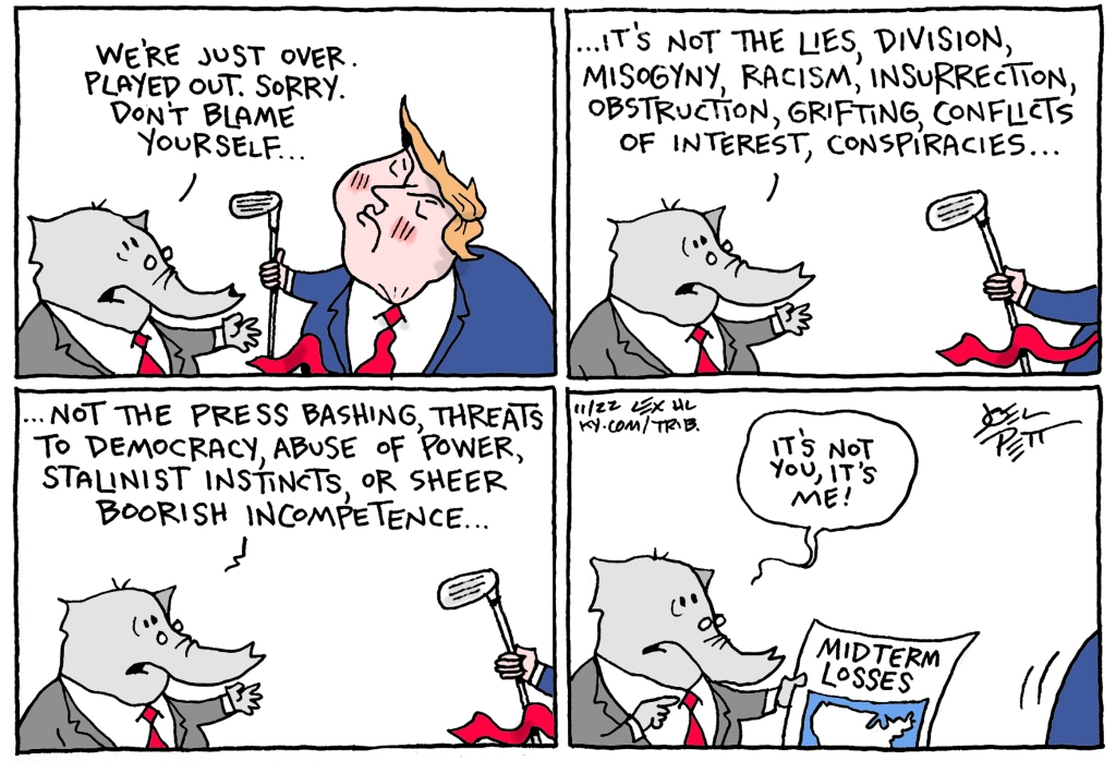 Joel Pett cartoon on Trump's relationship with the GOP.